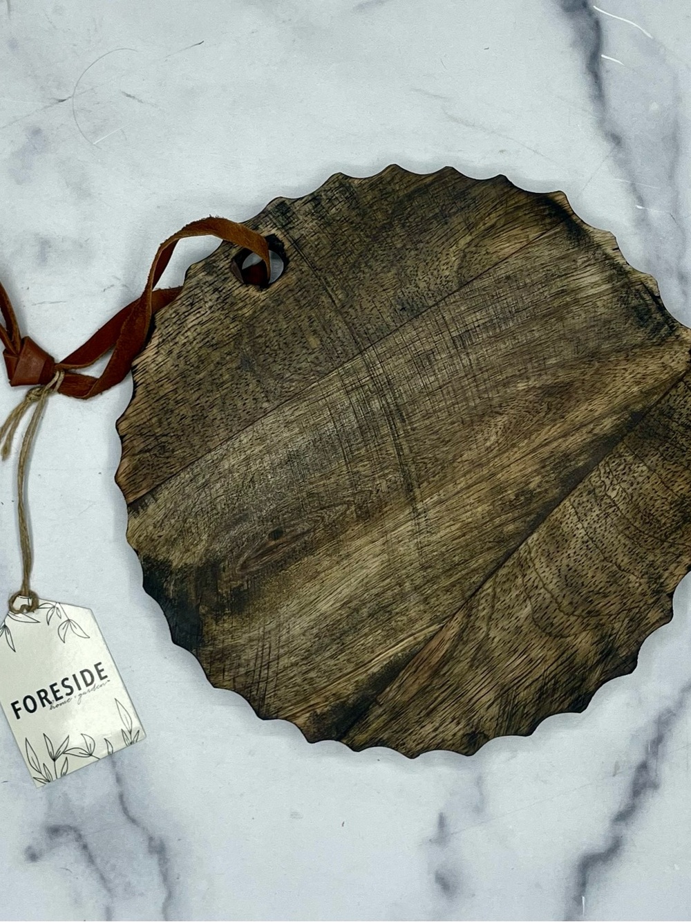 8” round dark wood Serving/Cutting Board with Leather Strap